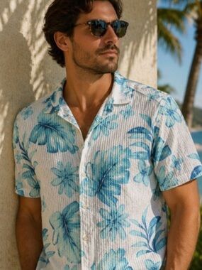 Daniel Cremieux XL Supima Cotton Blue Ribbed Short Sleeve palm frond shirt beach